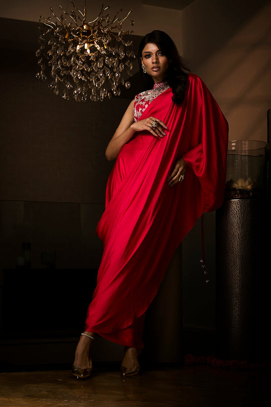 Sangria Silk Satin Pre-Draped Saree