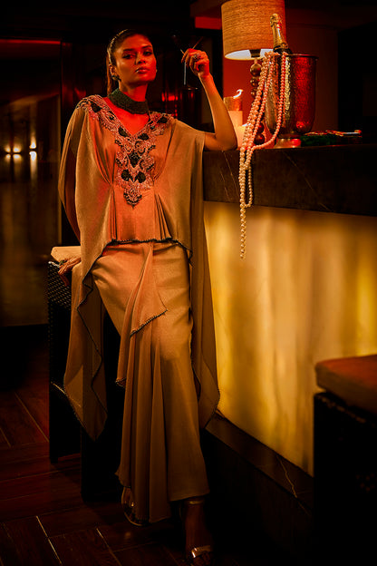 Taupe Crushed Fabric Cape Set Paired with a Draped Skirt