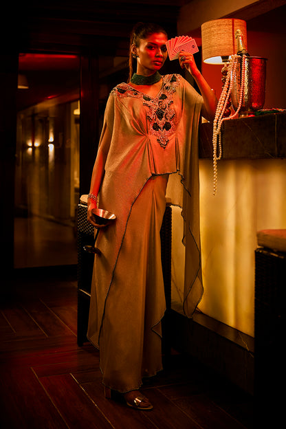 Taupe Crushed Fabric Cape Set Paired with a Draped Skirt