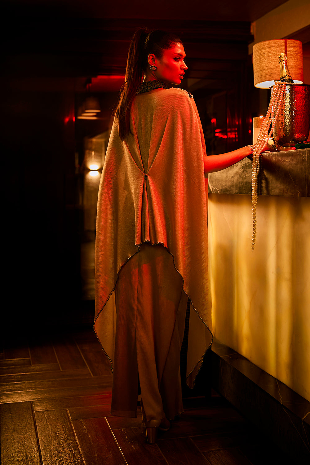 Taupe Crushed Fabric Cape Set Paired with a Draped Skirt