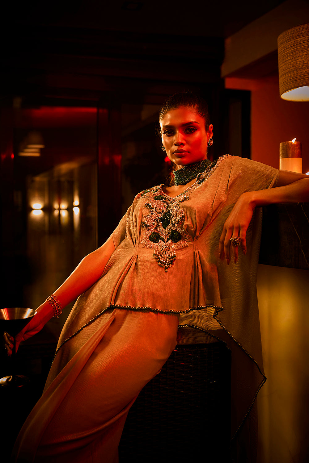 Taupe Crushed Fabric Cape Set Paired with a Draped Skirt