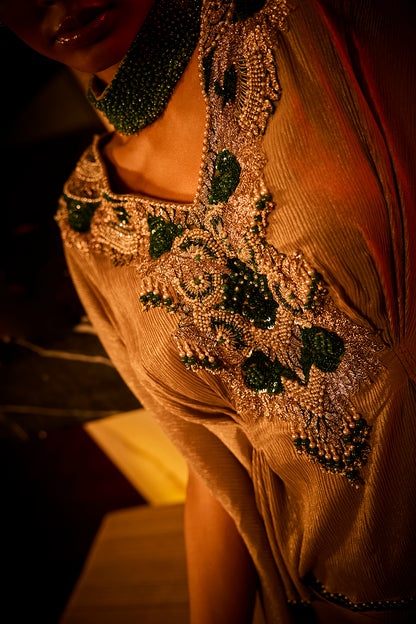 Taupe Crushed Fabric Cape Set Paired with a Draped Skirt