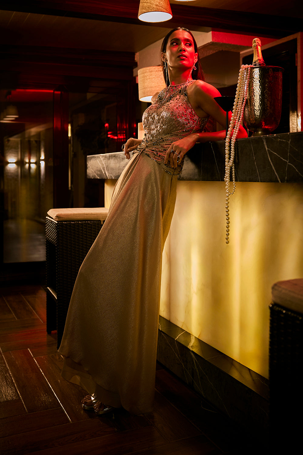 Taupe Crushed Shimmer Fabric Jumpsuit Gown