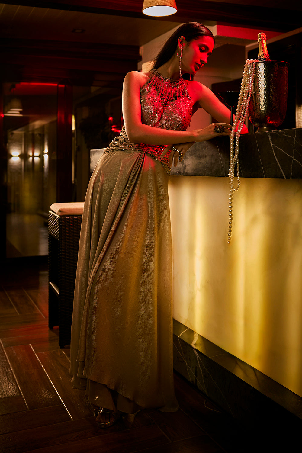 Taupe Crushed Shimmer Fabric Jumpsuit Gown