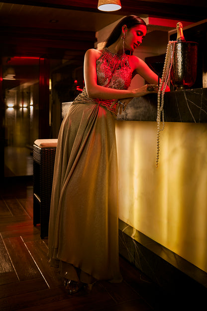 Taupe Crushed Shimmer Fabric Jumpsuit Gown