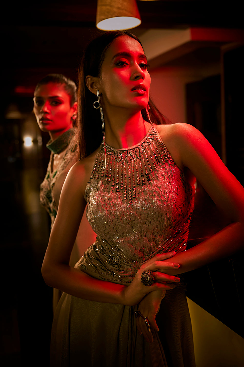 Taupe Crushed Shimmer Fabric Jumpsuit Gown