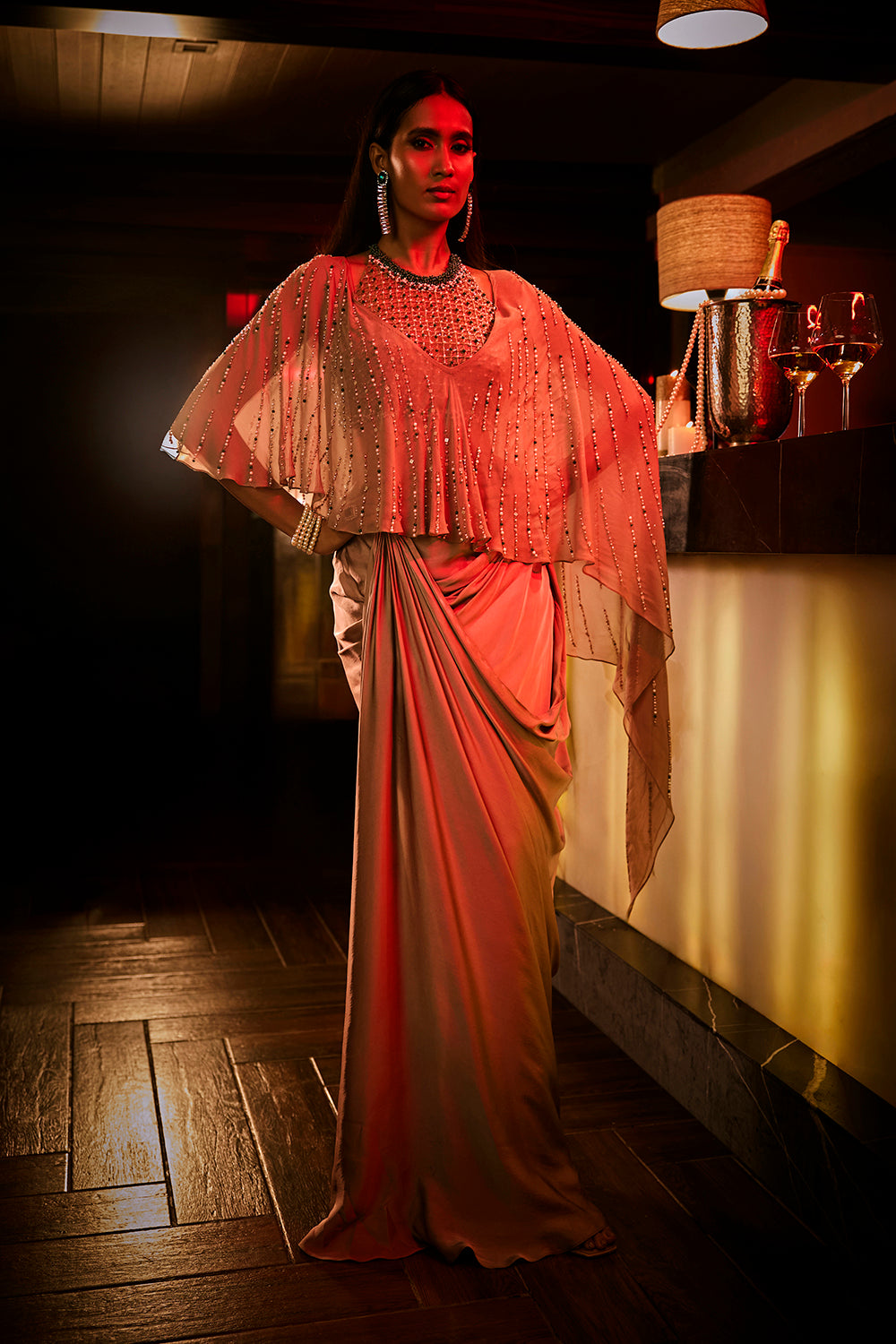 Taupe Draped Skirt, Structured Blouse and Sheer Cape