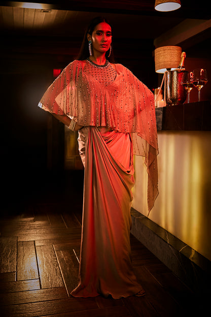 Taupe Draped Skirt, Structured Blouse and Sheer Cape