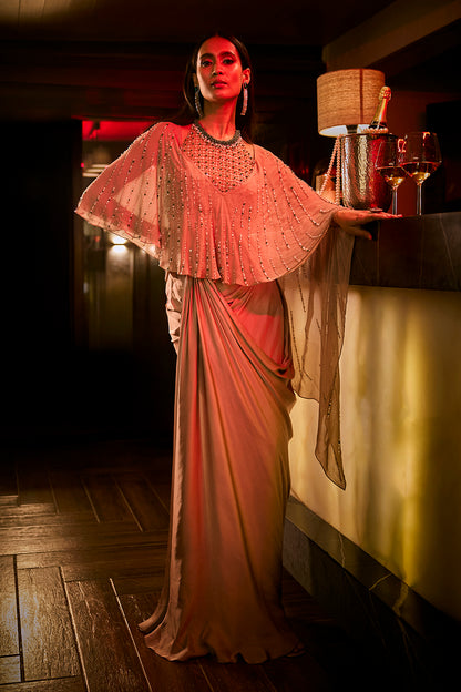 Taupe Draped Skirt, Structured Blouse and Sheer Cape