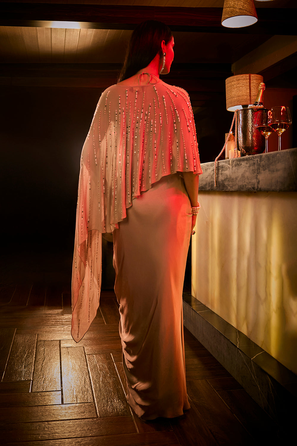 Taupe Draped Skirt, Structured Blouse and Sheer Cape