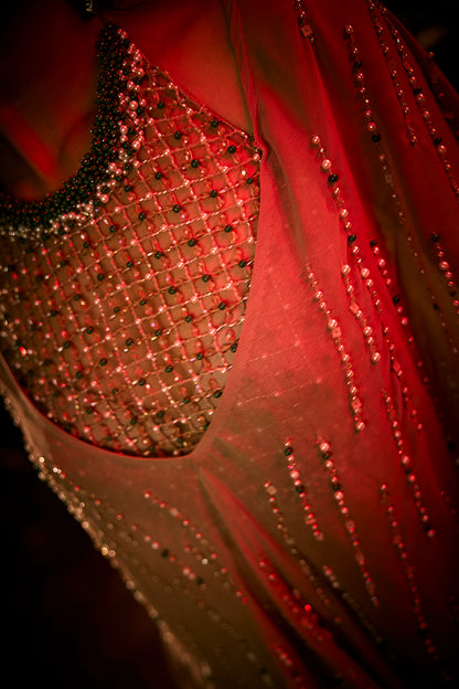 Taupe Draped Skirt, Structured Blouse and Sheer Cape