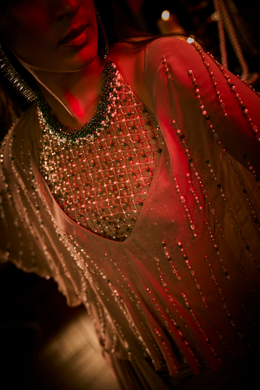 Taupe Draped Skirt, Structured Blouse and Sheer Cape