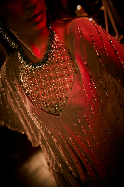 Taupe Draped Skirt, Structured Blouse and Sheer Cape